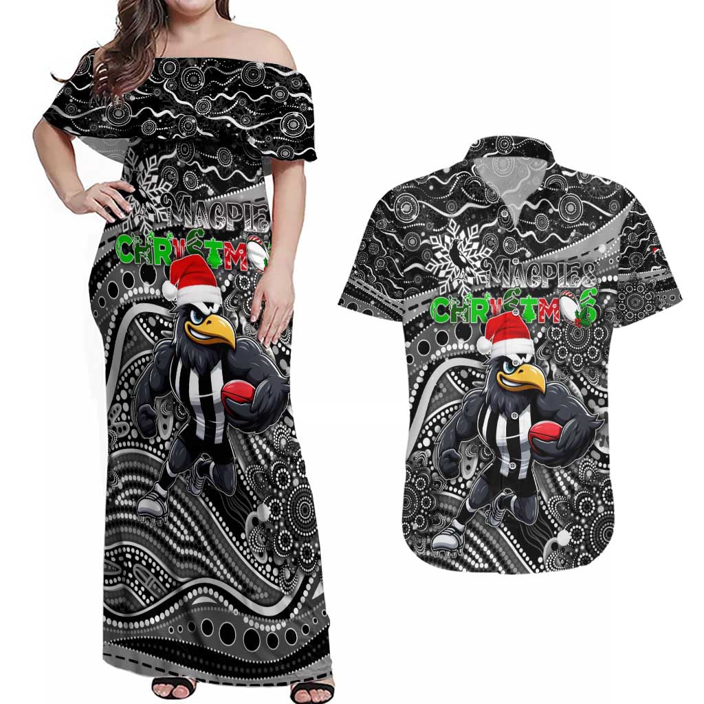 Merry Christmas AFL Collingwood Magpies Couples Matching Off Shoulder Maxi Dress and Hawaiian Shirt Aboriginal Santa Football Mascot