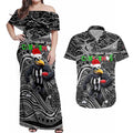 Merry Christmas AFL Collingwood Magpies Couples Matching Off Shoulder Maxi Dress and Hawaiian Shirt Aboriginal Santa Football Mascot