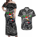 Merry Christmas AFL Collingwood Magpies Couples Matching Off Shoulder Maxi Dress and Hawaiian Shirt Aboriginal Santa Football Mascot