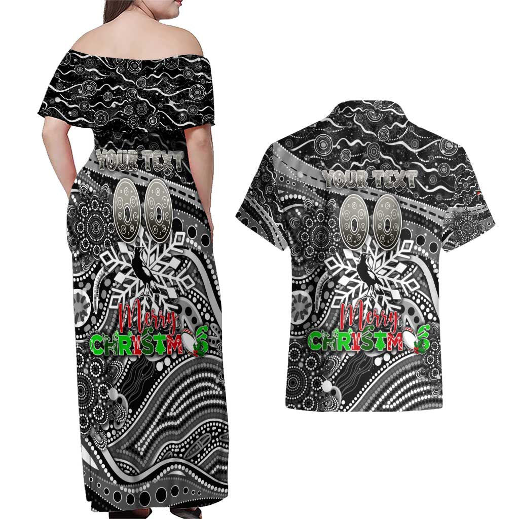 Merry Christmas AFL Collingwood Magpies Couples Matching Off Shoulder Maxi Dress and Hawaiian Shirt Aboriginal Santa Football Mascot