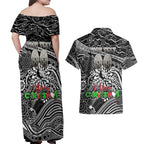 Merry Christmas AFL Collingwood Magpies Couples Matching Off Shoulder Maxi Dress and Hawaiian Shirt Aboriginal Santa Football Mascot