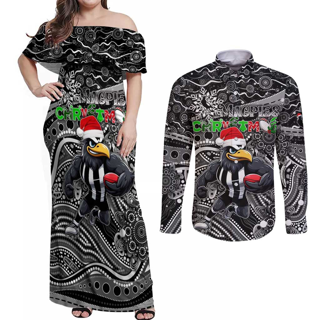Merry Christmas AFL Collingwood Magpies Couples Matching Off Shoulder Maxi Dress and Long Sleeve Button Shirt Aboriginal Santa Football Mascot