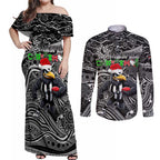 Merry Christmas AFL Collingwood Magpies Couples Matching Off Shoulder Maxi Dress and Long Sleeve Button Shirt Aboriginal Santa Football Mascot