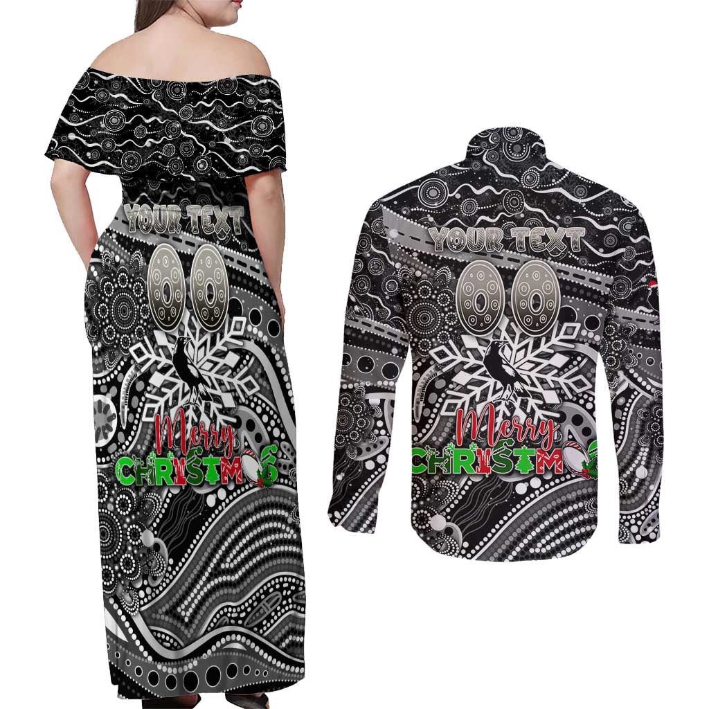 Merry Christmas AFL Collingwood Magpies Couples Matching Off Shoulder Maxi Dress and Long Sleeve Button Shirt Aboriginal Santa Football Mascot