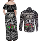 Merry Christmas AFL Collingwood Magpies Couples Matching Off Shoulder Maxi Dress and Long Sleeve Button Shirt Aboriginal Santa Football Mascot