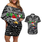 Merry Christmas AFL Collingwood Magpies Couples Matching Off Shoulder Short Dress and Hawaiian Shirt Aboriginal Santa Football Mascot