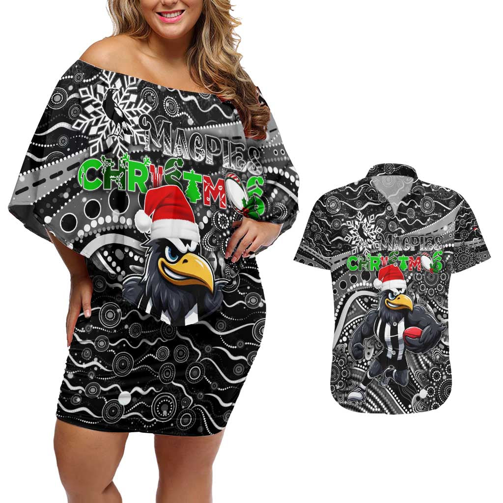 Merry Christmas AFL Collingwood Magpies Couples Matching Off Shoulder Short Dress and Hawaiian Shirt Aboriginal Santa Football Mascot