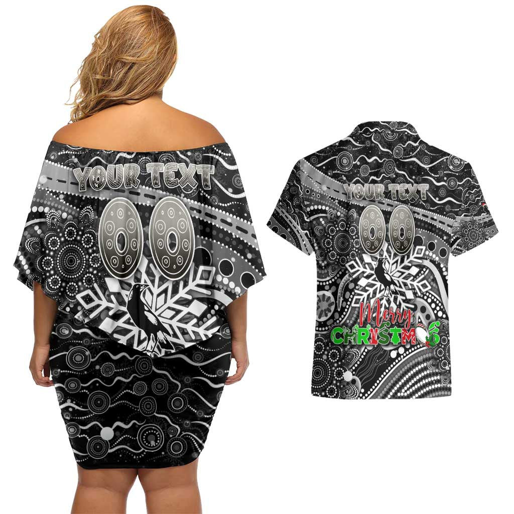 Merry Christmas AFL Collingwood Magpies Couples Matching Off Shoulder Short Dress and Hawaiian Shirt Aboriginal Santa Football Mascot