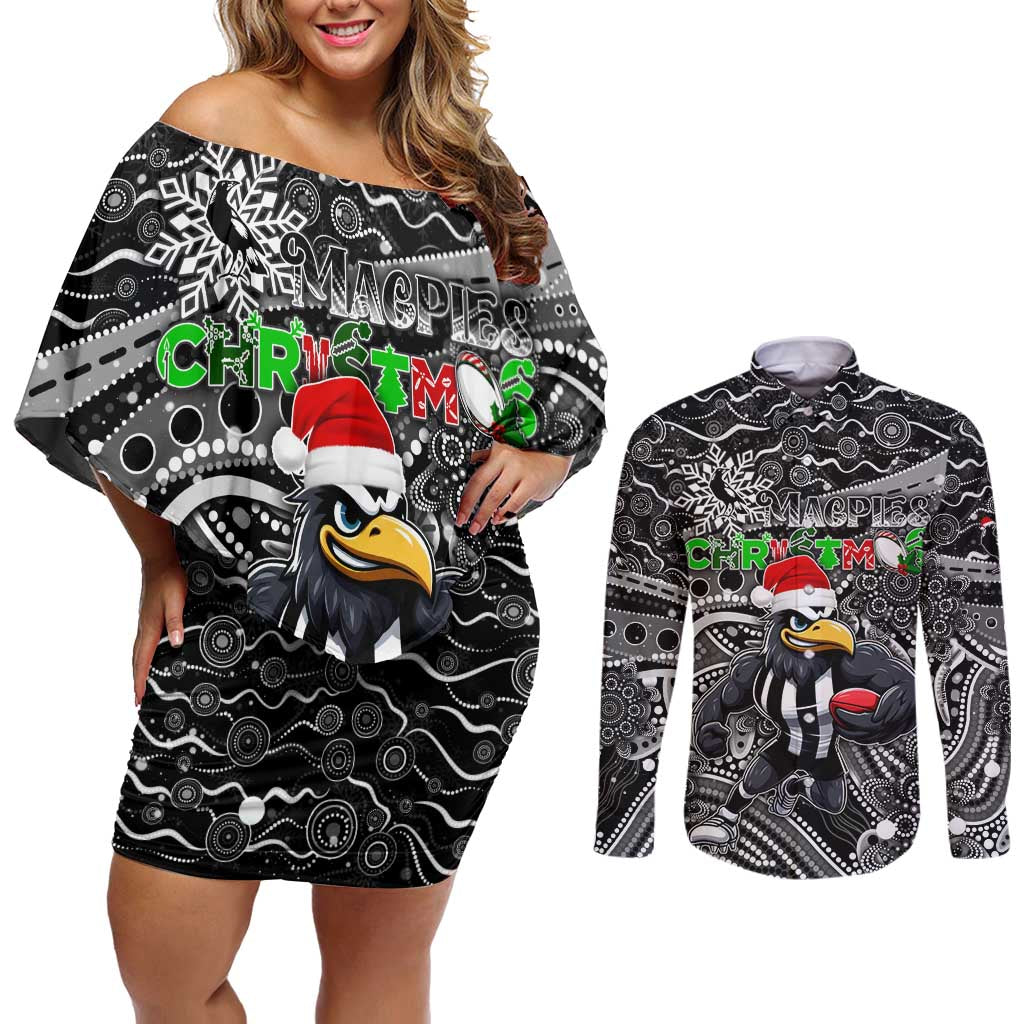 Merry Christmas AFL Collingwood Magpies Couples Matching Off Shoulder Short Dress and Long Sleeve Button Shirt Aboriginal Santa Football Mascot