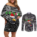 Merry Christmas AFL Collingwood Magpies Couples Matching Off Shoulder Short Dress and Long Sleeve Button Shirt Aboriginal Santa Football Mascot