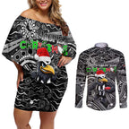 Merry Christmas AFL Collingwood Magpies Couples Matching Off Shoulder Short Dress and Long Sleeve Button Shirt Aboriginal Santa Football Mascot