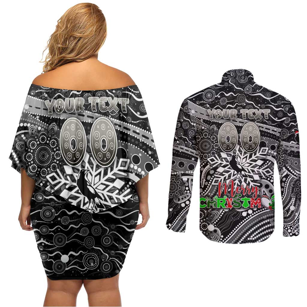 Merry Christmas AFL Collingwood Magpies Couples Matching Off Shoulder Short Dress and Long Sleeve Button Shirt Aboriginal Santa Football Mascot