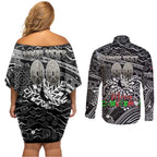 Merry Christmas AFL Collingwood Magpies Couples Matching Off Shoulder Short Dress and Long Sleeve Button Shirt Aboriginal Santa Football Mascot