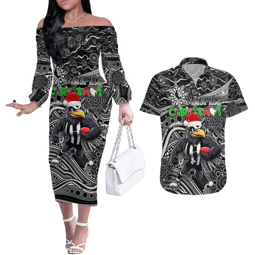 Merry Christmas AFL Collingwood Magpies Couples Matching Off The Shoulder Long Sleeve Dress and Hawaiian Shirt Aboriginal Santa Football Mascot