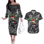 Merry Christmas AFL Collingwood Magpies Couples Matching Off The Shoulder Long Sleeve Dress and Hawaiian Shirt Aboriginal Santa Football Mascot
