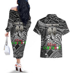 Merry Christmas AFL Collingwood Magpies Couples Matching Off The Shoulder Long Sleeve Dress and Hawaiian Shirt Aboriginal Santa Football Mascot