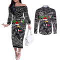 Merry Christmas AFL Collingwood Magpies Couples Matching Off The Shoulder Long Sleeve Dress and Long Sleeve Button Shirt Aboriginal Santa Football Mascot