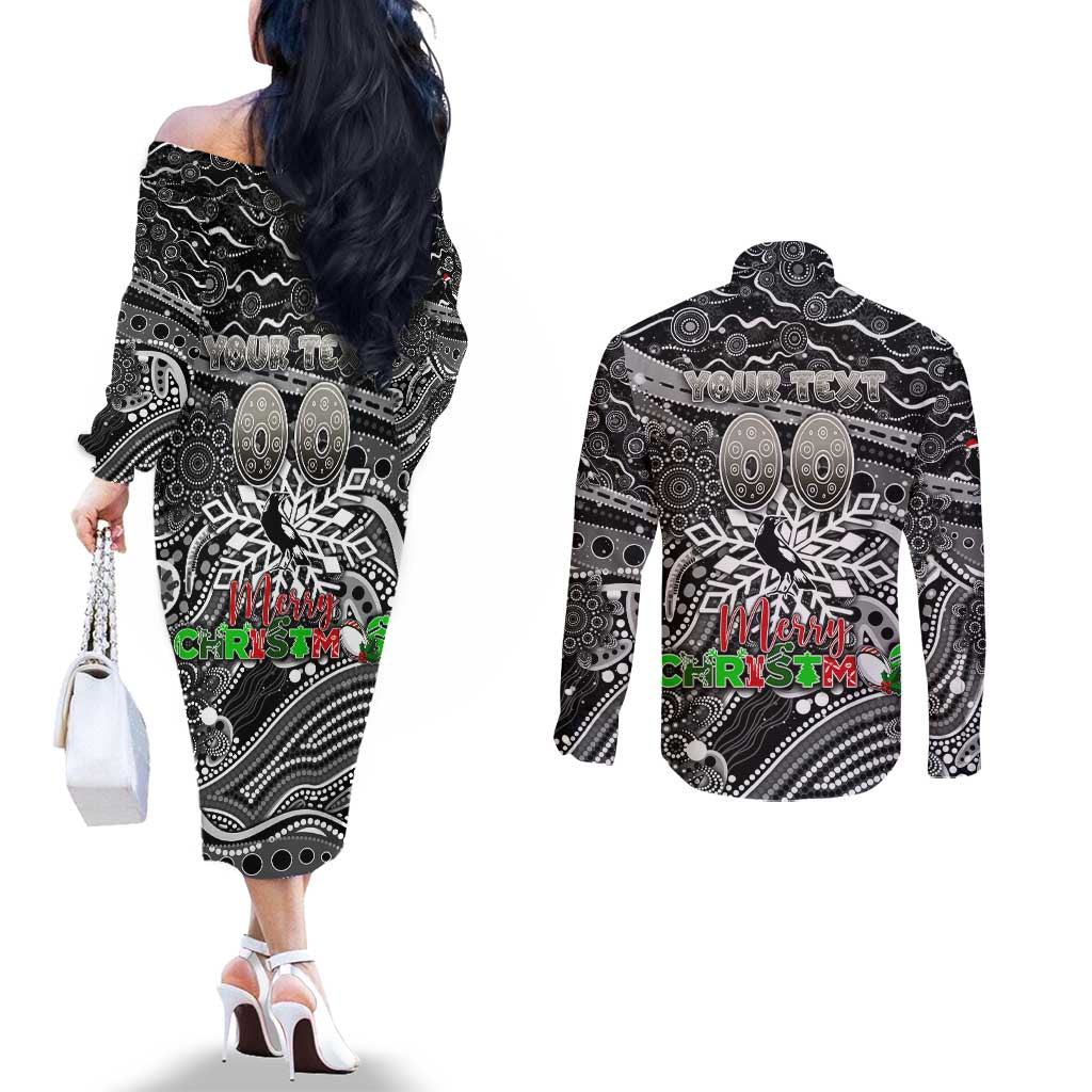 Merry Christmas AFL Collingwood Magpies Couples Matching Off The Shoulder Long Sleeve Dress and Long Sleeve Button Shirt Aboriginal Santa Football Mascot