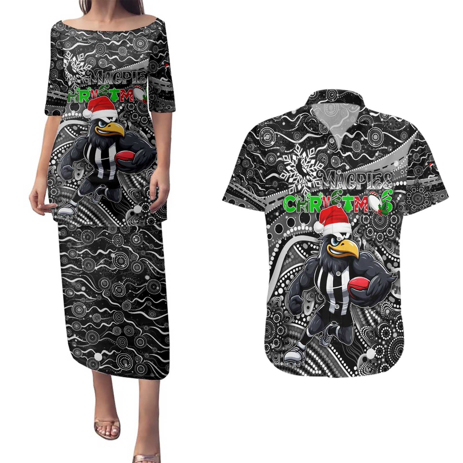 Merry Christmas AFL Collingwood Magpies Couples Matching Puletasi and Hawaiian Shirt Aboriginal Santa Football Mascot