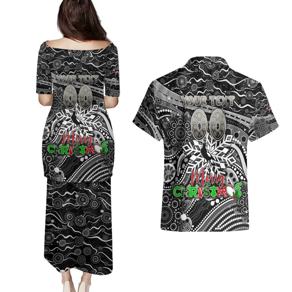 Merry Christmas AFL Collingwood Magpies Couples Matching Puletasi and Hawaiian Shirt Aboriginal Santa Football Mascot