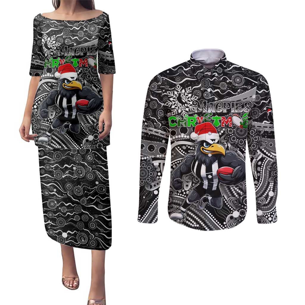 Merry Christmas AFL Collingwood Magpies Couples Matching Puletasi and Long Sleeve Button Shirt Aboriginal Santa Football Mascot