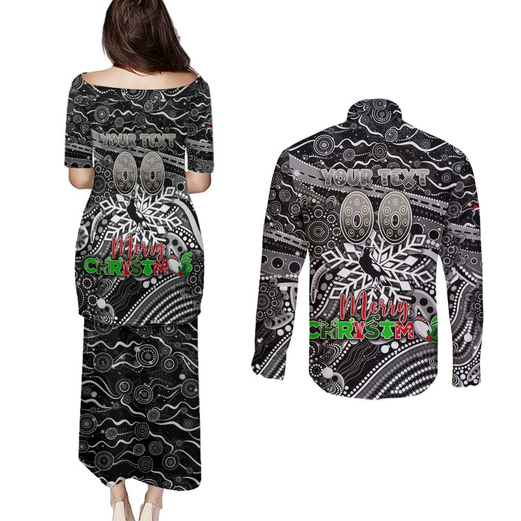 Merry Christmas AFL Collingwood Magpies Couples Matching Puletasi and Long Sleeve Button Shirt Aboriginal Santa Football Mascot