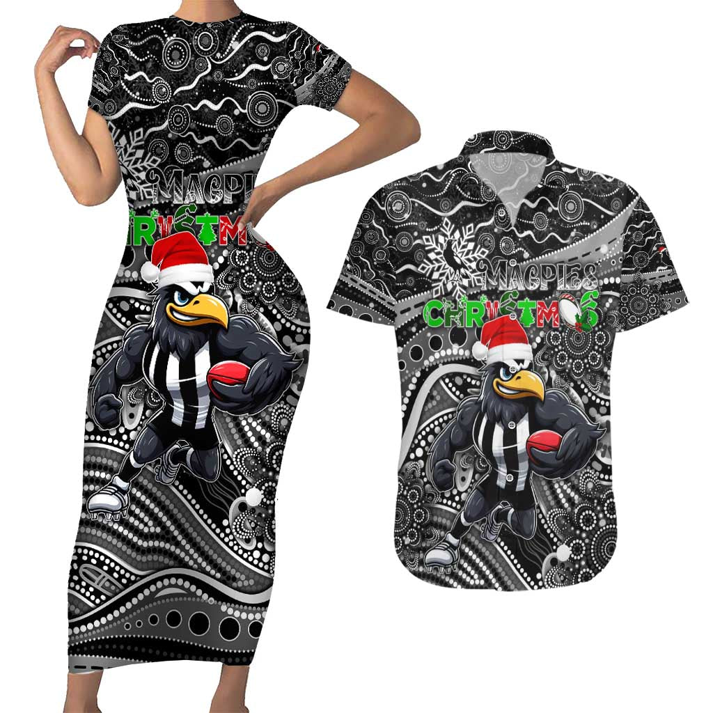 Merry Christmas AFL Collingwood Magpies Couples Matching Short Sleeve Bodycon Dress and Hawaiian Shirt Aboriginal Santa Football Mascot