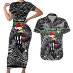 Merry Christmas AFL Collingwood Magpies Couples Matching Short Sleeve Bodycon Dress and Hawaiian Shirt Aboriginal Santa Football Mascot