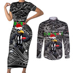 Merry Christmas AFL Collingwood Magpies Couples Matching Short Sleeve Bodycon Dress and Long Sleeve Button Shirt Aboriginal Santa Football Mascot