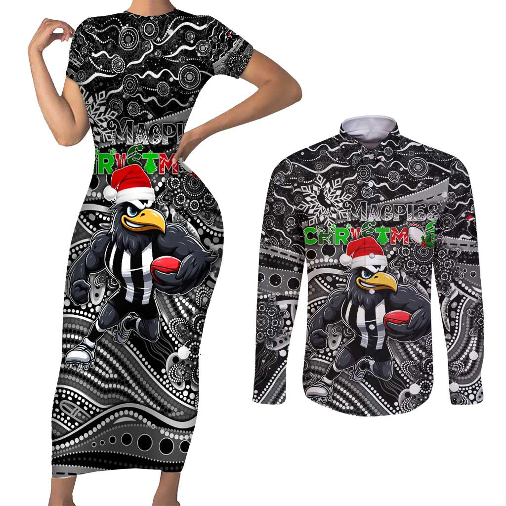 Merry Christmas AFL Collingwood Magpies Couples Matching Short Sleeve Bodycon Dress and Long Sleeve Button Shirt Aboriginal Santa Football Mascot