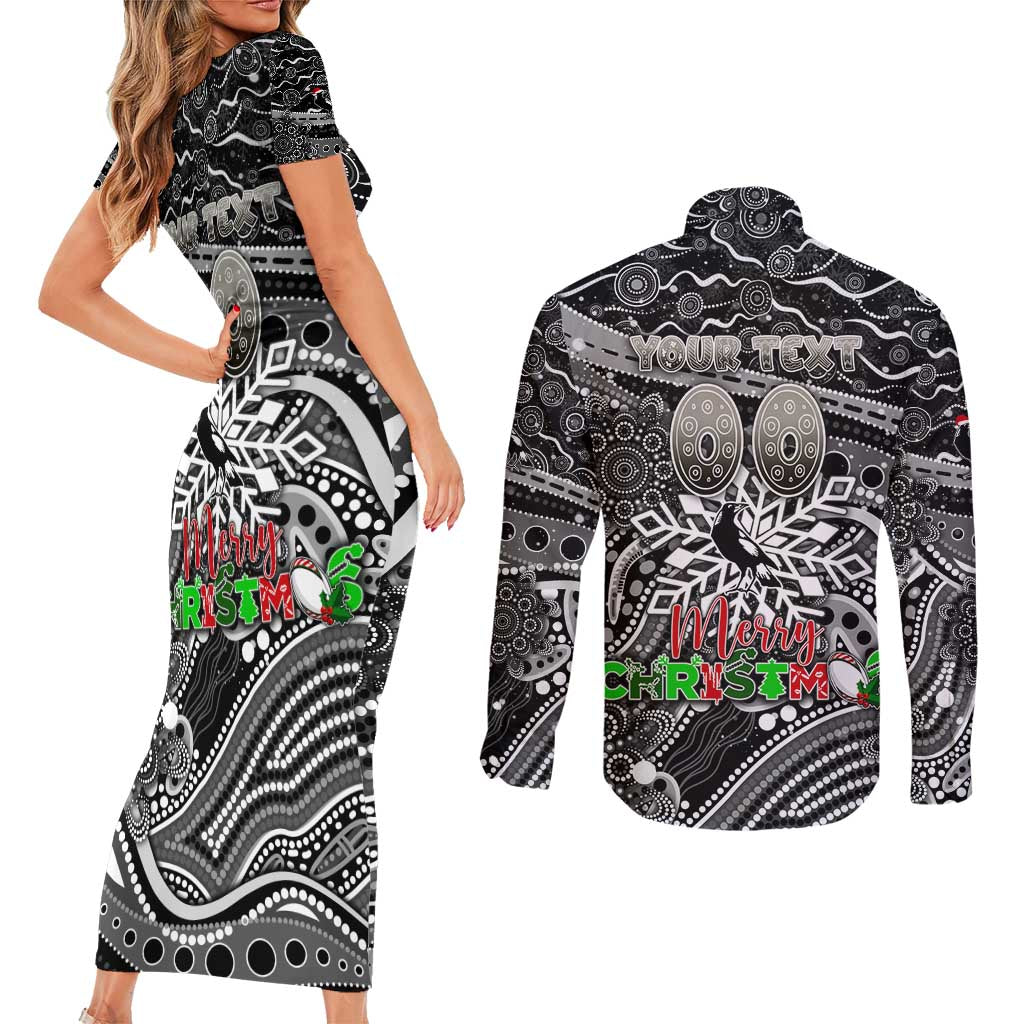 Merry Christmas AFL Collingwood Magpies Couples Matching Short Sleeve Bodycon Dress and Long Sleeve Button Shirt Aboriginal Santa Football Mascot