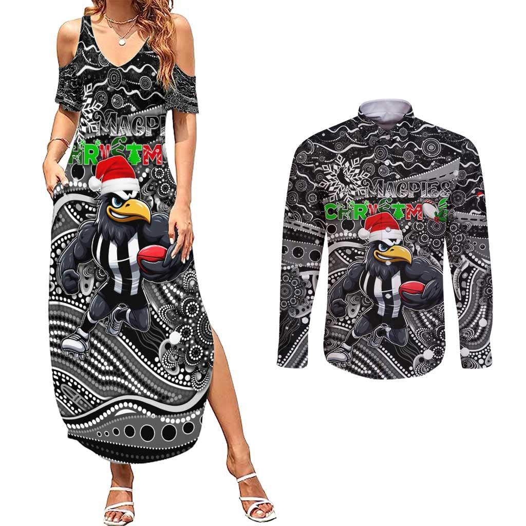 Merry Christmas AFL Collingwood Magpies Couples Matching Summer Maxi Dress and Long Sleeve Button Shirt Aboriginal Santa Football Mascot