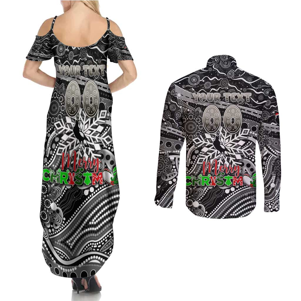 Merry Christmas AFL Collingwood Magpies Couples Matching Summer Maxi Dress and Long Sleeve Button Shirt Aboriginal Santa Football Mascot
