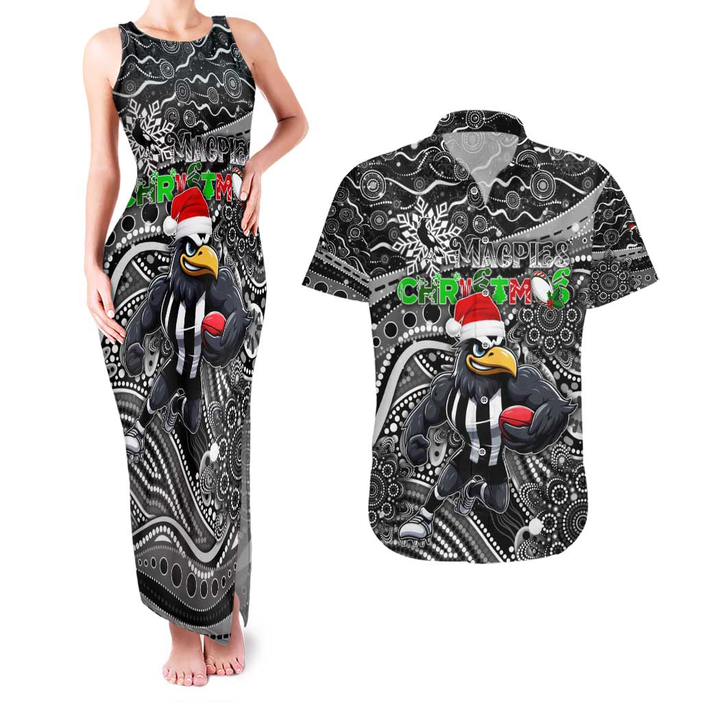 Merry Christmas AFL Collingwood Magpies Couples Matching Tank Maxi Dress and Hawaiian Shirt Aboriginal Santa Football Mascot