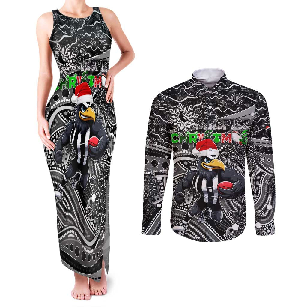 Merry Christmas AFL Collingwood Magpies Couples Matching Tank Maxi Dress and Long Sleeve Button Shirt Aboriginal Santa Football Mascot
