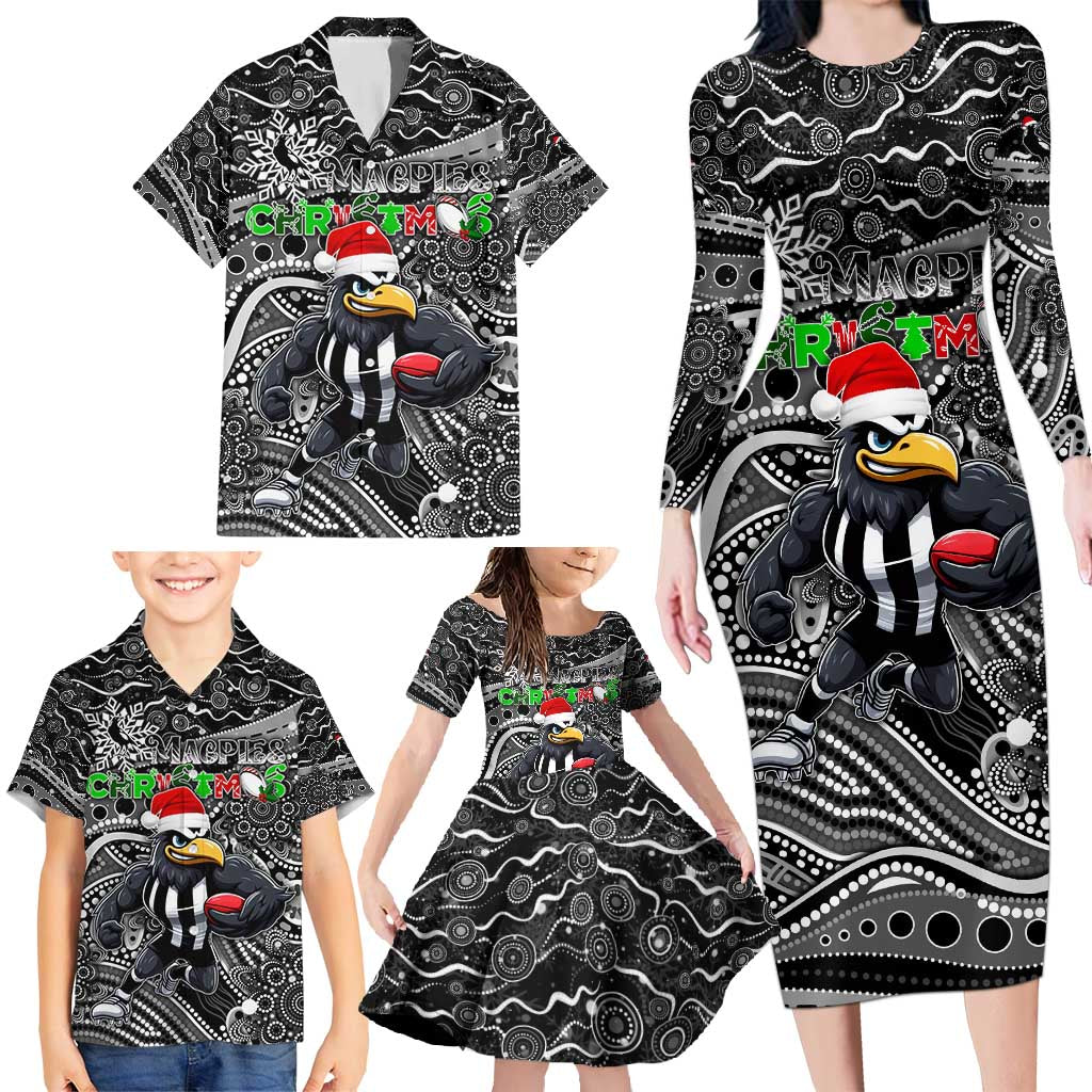 Merry Christmas AFL Collingwood Magpies Family Matching Long Sleeve Bodycon Dress and Hawaiian Shirt Aboriginal Santa Football Mascot