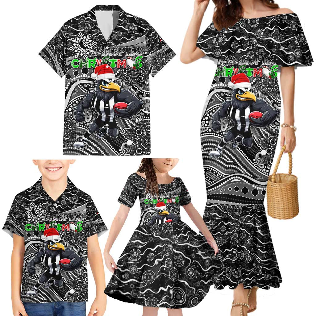 Merry Christmas AFL Collingwood Magpies Family Matching Mermaid Dress and Hawaiian Shirt Aboriginal Santa Football Mascot