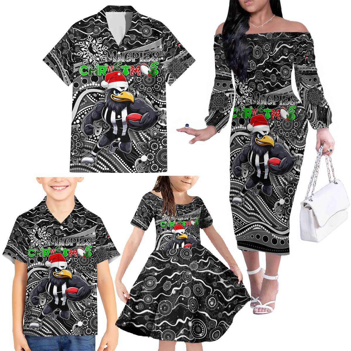 Merry Christmas AFL Collingwood Magpies Family Matching Off The Shoulder Long Sleeve Dress and Hawaiian Shirt Aboriginal Santa Football Mascot