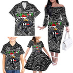 Merry Christmas AFL Collingwood Magpies Family Matching Off The Shoulder Long Sleeve Dress and Hawaiian Shirt Aboriginal Santa Football Mascot