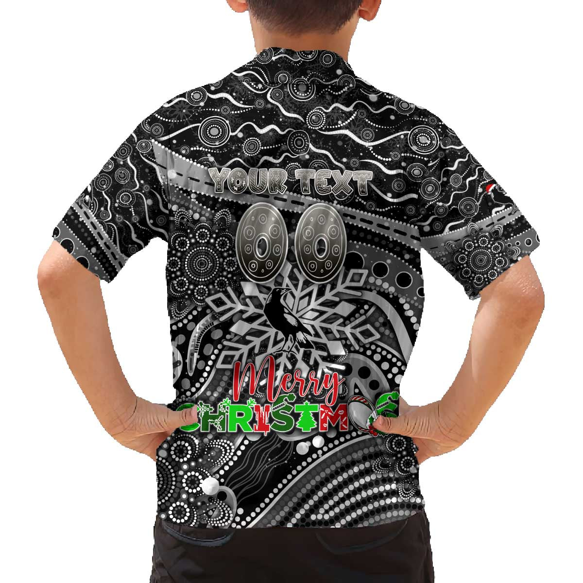 Merry Christmas AFL Collingwood Magpies Family Matching Off The Shoulder Long Sleeve Dress and Hawaiian Shirt Aboriginal Santa Football Mascot