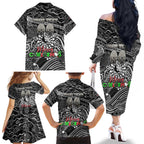 Merry Christmas AFL Collingwood Magpies Family Matching Off The Shoulder Long Sleeve Dress and Hawaiian Shirt Aboriginal Santa Football Mascot