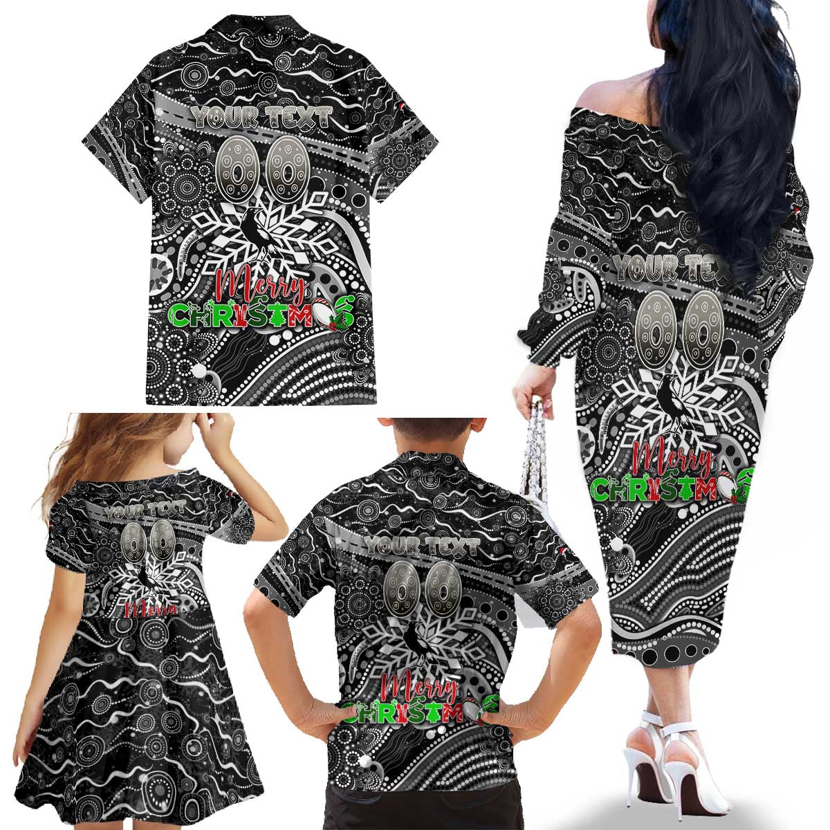 Merry Christmas AFL Collingwood Magpies Family Matching Off The Shoulder Long Sleeve Dress and Hawaiian Shirt Aboriginal Santa Football Mascot