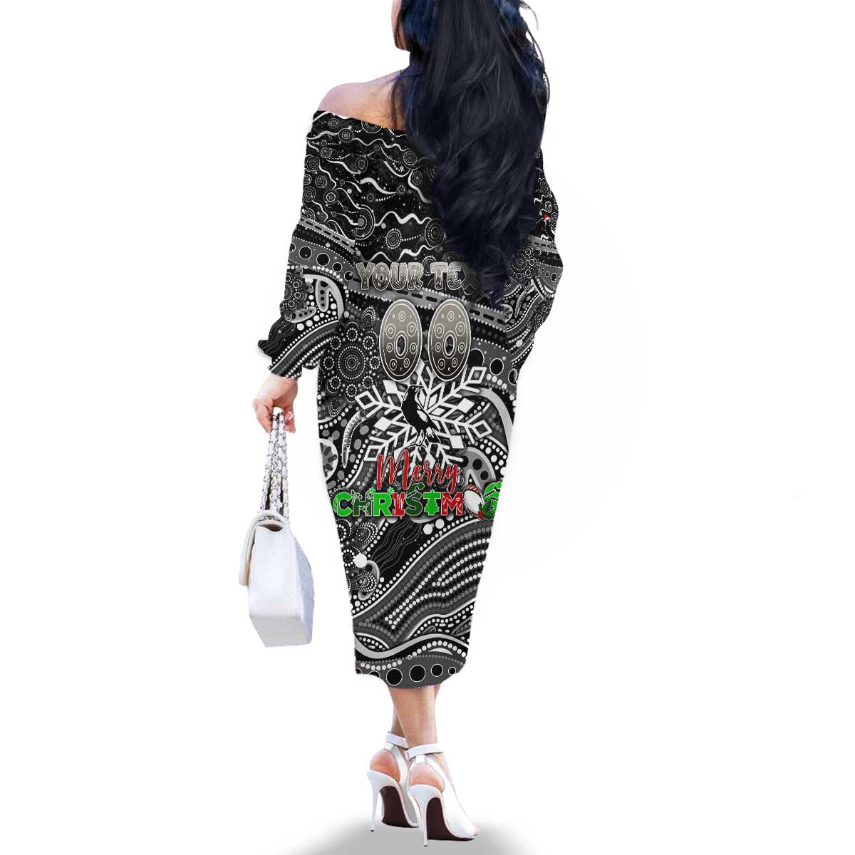 Merry Christmas AFL Collingwood Magpies Family Matching Off The Shoulder Long Sleeve Dress and Hawaiian Shirt Aboriginal Santa Football Mascot