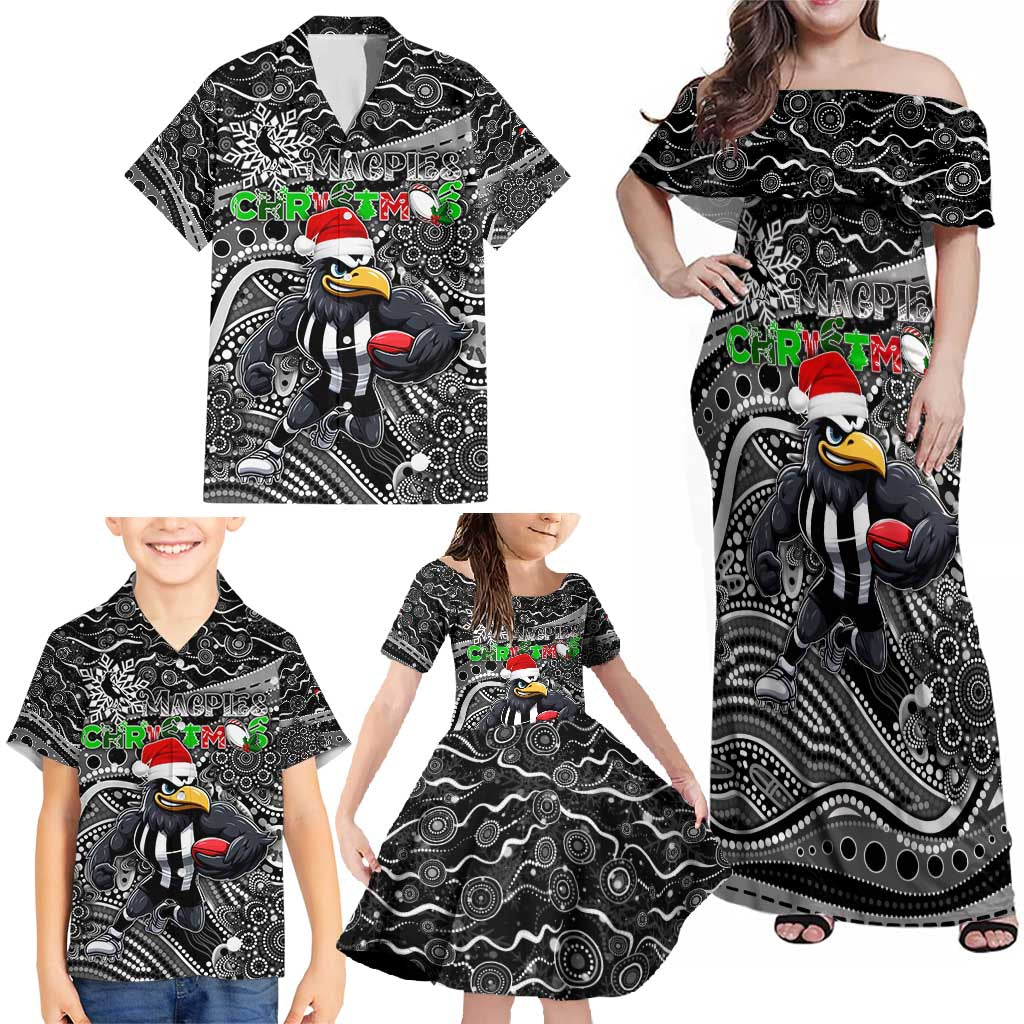 Merry Christmas AFL Collingwood Magpies Family Matching Off Shoulder Maxi Dress and Hawaiian Shirt Aboriginal Santa Football Mascot