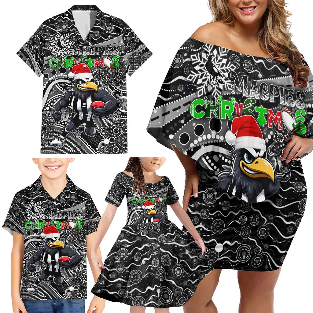 Merry Christmas AFL Collingwood Magpies Family Matching Off Shoulder Short Dress and Hawaiian Shirt Aboriginal Santa Football Mascot