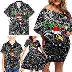 Merry Christmas AFL Collingwood Magpies Family Matching Off Shoulder Short Dress and Hawaiian Shirt Aboriginal Santa Football Mascot
