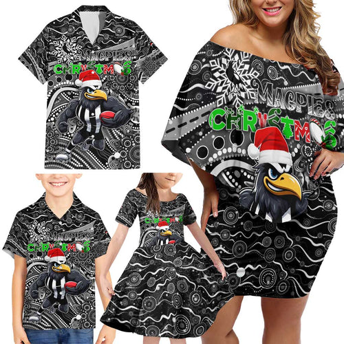 Merry Christmas AFL Collingwood Magpies Family Matching Off Shoulder Short Dress and Hawaiian Shirt Aboriginal Santa Football Mascot