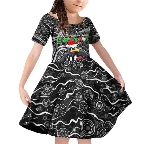 Merry Christmas AFL Collingwood Magpies Family Matching Off Shoulder Short Dress and Hawaiian Shirt Aboriginal Santa Football Mascot