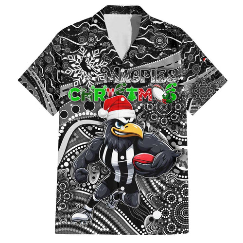 Merry Christmas AFL Collingwood Magpies Family Matching Off Shoulder Short Dress and Hawaiian Shirt Aboriginal Santa Football Mascot