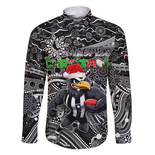 Merry Christmas AFL Collingwood Magpies Family Matching Off Shoulder Short Dress and Hawaiian Shirt Aboriginal Santa Football Mascot